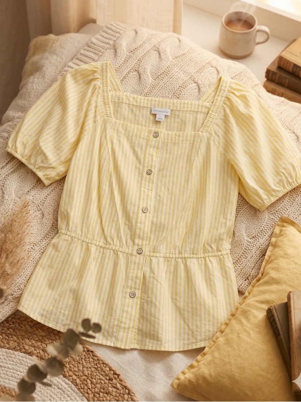 Liz Claiborne Yellow Striped Square-Neck Buttoned Blouse